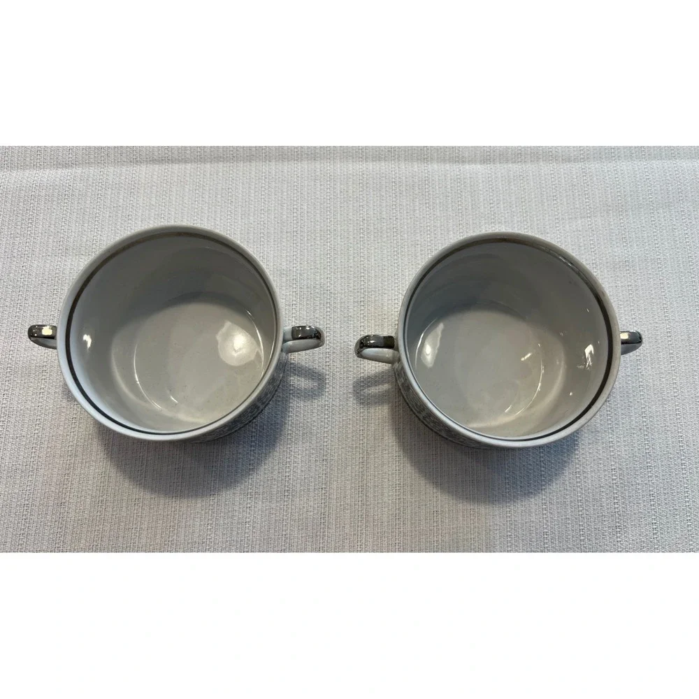 Chodziez Poland Porcelain Bouillon Cups Set‎ of 2 Black White Floral Silver Trim